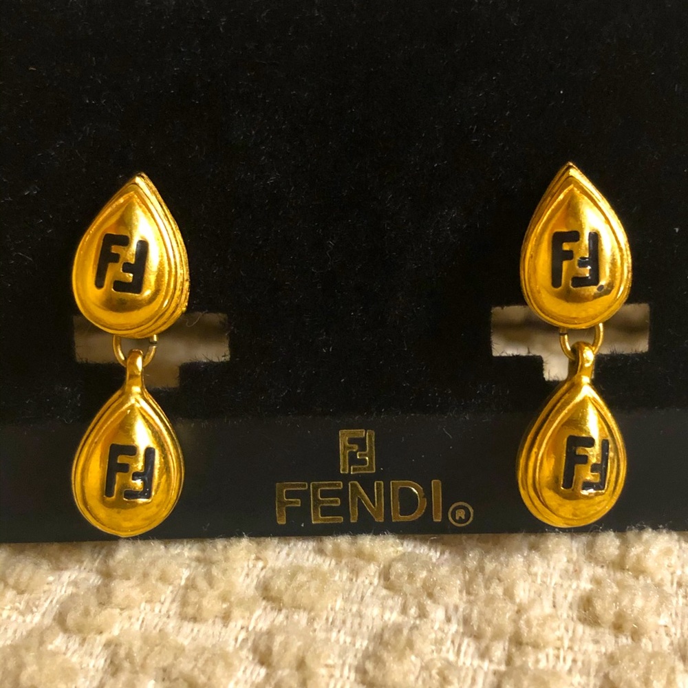FENDI 18k gold plated double tear drop earrings